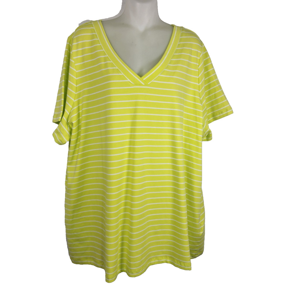Denim & Co. Essentials Striped Perfect Jersey Short Sleeve Top Lime 2X A353044